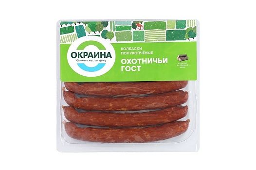 Колбаски Охотничьи ГОСТ полукопченые в съедобной оболочке 320г от магазина Окраина